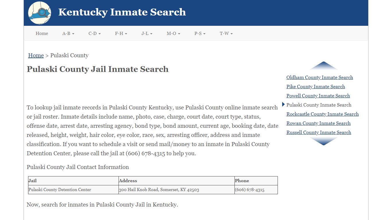 Pulaski County Jail Inmate Search